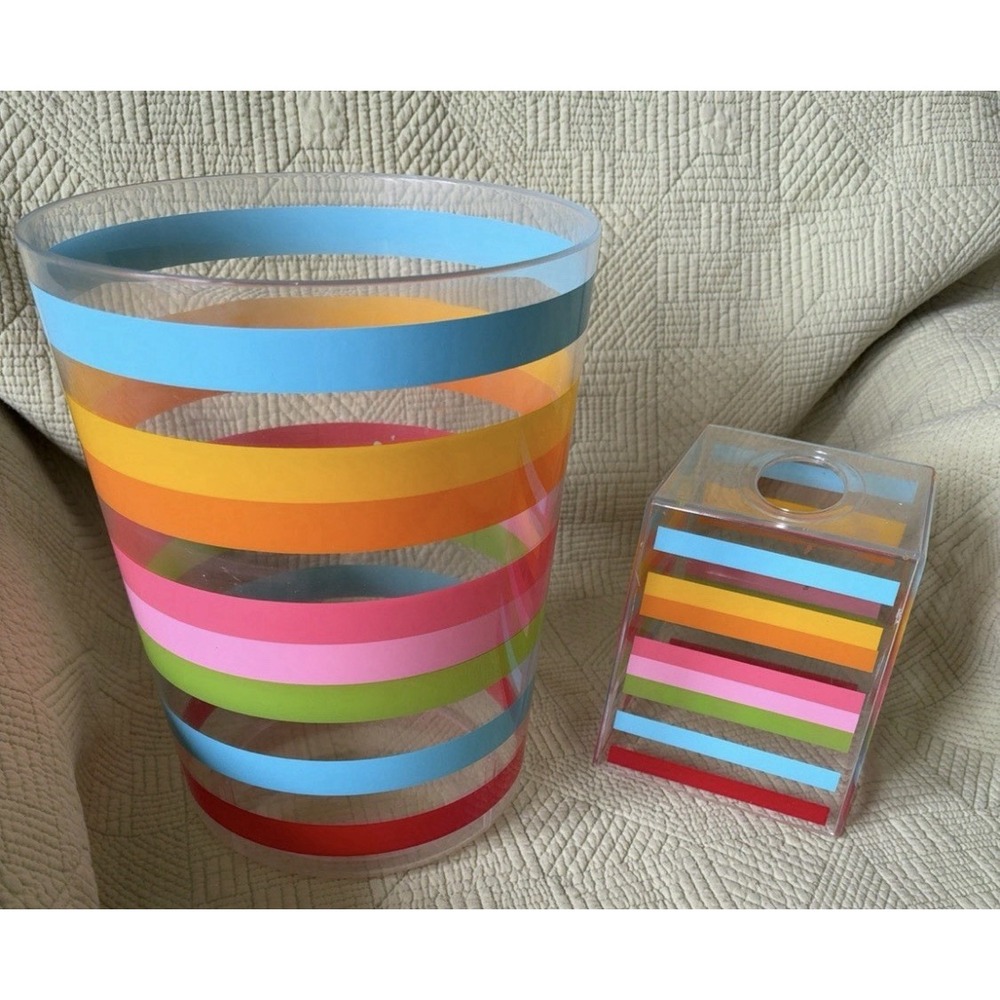 Clear Acrylic Rainbow Stripe Wastebasket Tissue Box Cover Bathroom Set